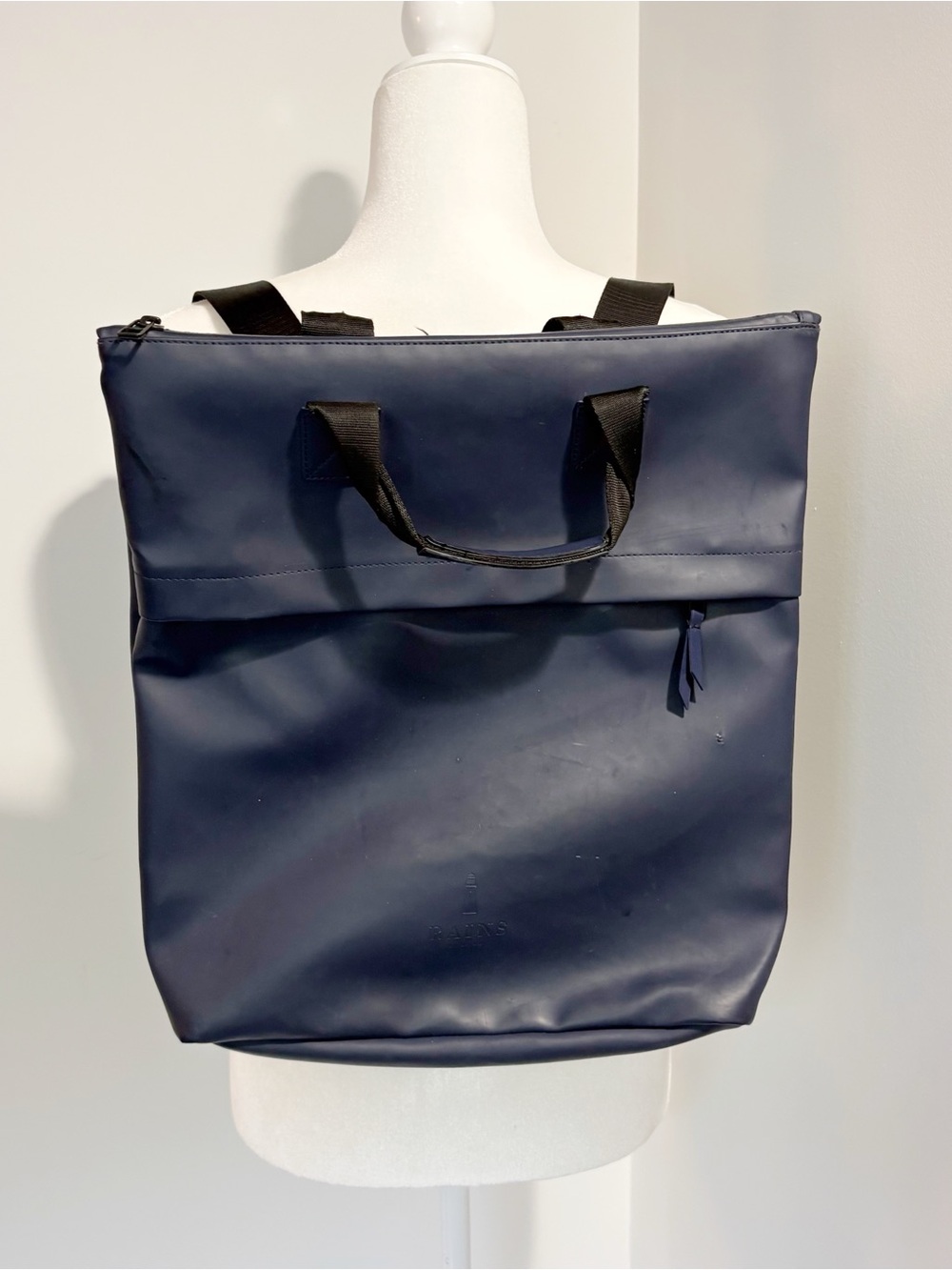 Rains 2 Way Tote Backpack Navy Blue Fair/poor Condition Polyurethane Polyester